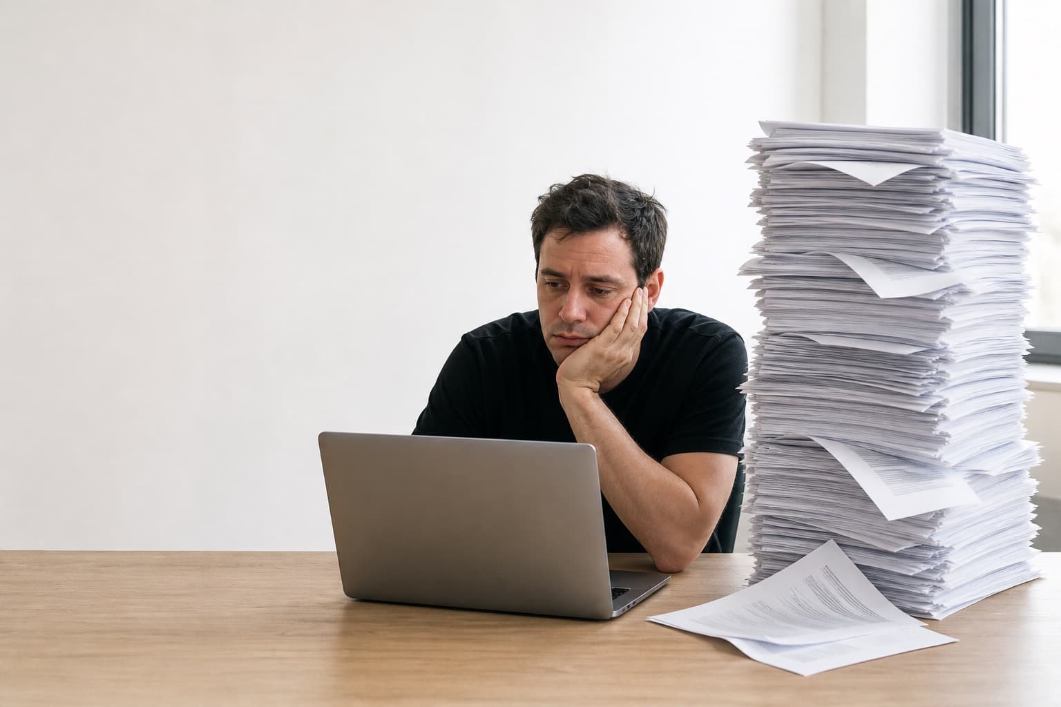 A professional at a laptop beside a towering stack of cold emails.